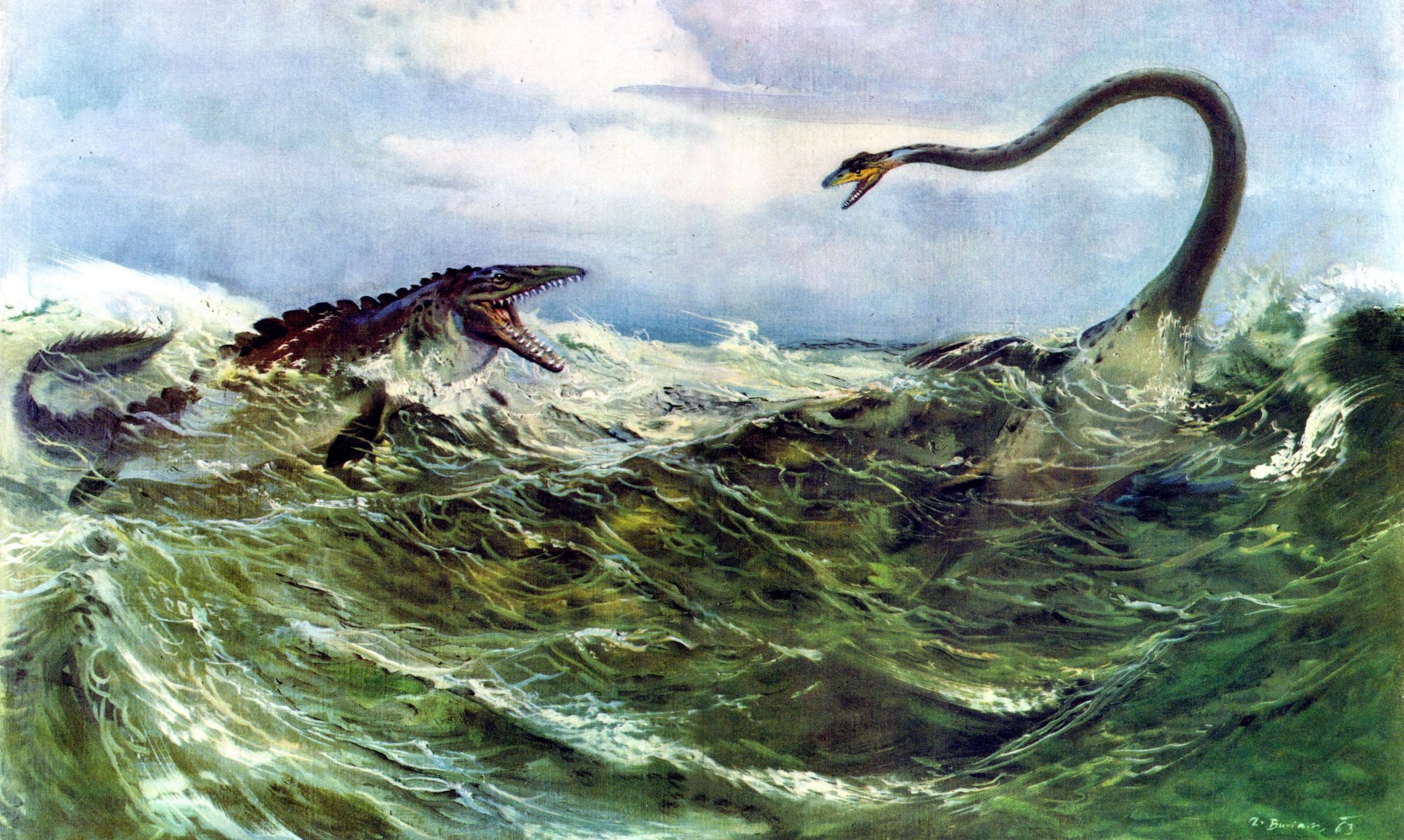 Tylosaurus attacks Elasmosaurus, by Zdenek Burian