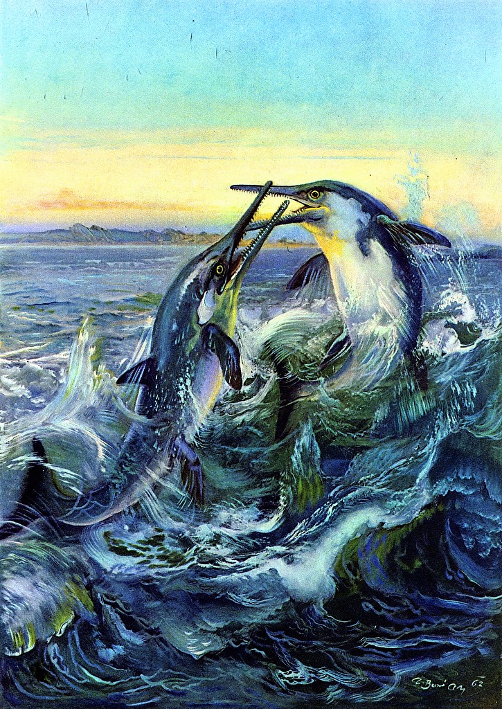Ichthyosaurs fighting, by Zdenek Burian
