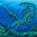 The aquatic theropod Spinosaurus attacks the giant sawfish Onchopristis, by Phil Wilson